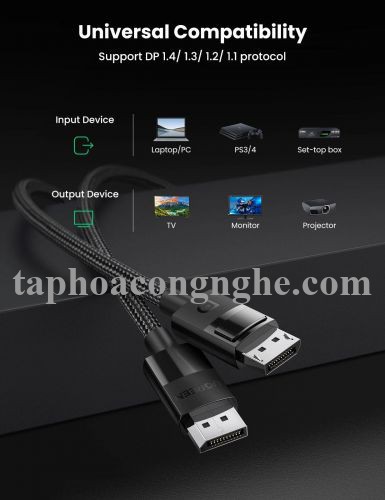 Ugreen 80393 3m 8K 1.4 màu đen cáp dp ra displayport hợp kim bọc lưới chống nhiễu DP114 30080393